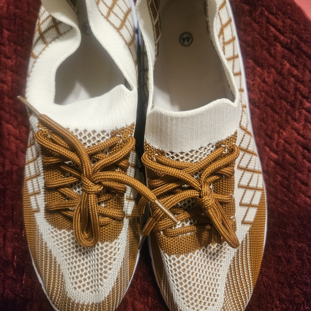 Brown and White Knit Sneakers